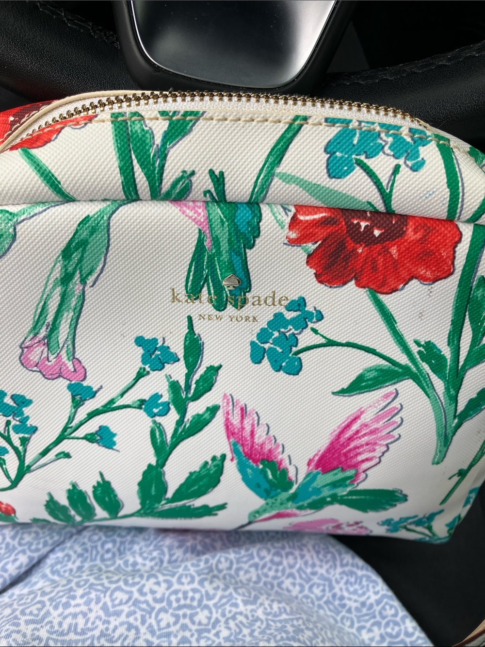 kate spade Floral Print White Cosmetic Pouch with Red & Pink Accents